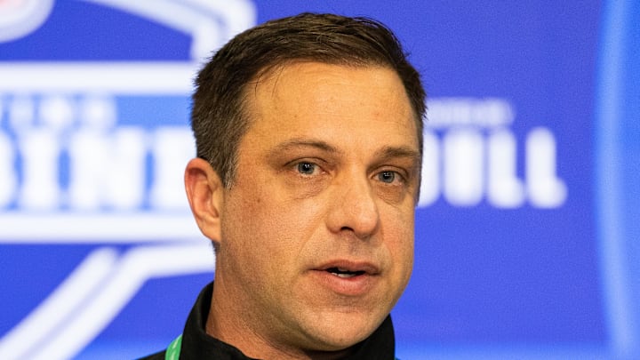 Feb 27, 2024; Indianapolis, IN, USA; Kansas City Chiefs General Manager Brett Veach talks to the media at the 2024 NFL Combine at Indiana Convention Center. Mandatory Credit: Trevor Ruszkowski-Imagn Images