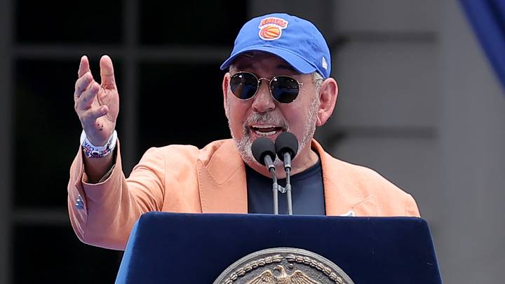 Jun 18, 2026; New York, NY, USA; New York Knicks owner James Dolan speaks during a ceremony at New York City Hall after the championship parade. Mandatory Credit: Brad Penner-Imagn Images