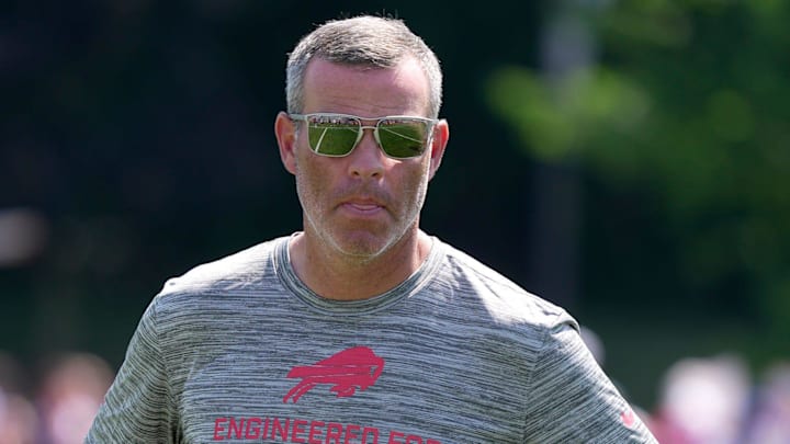 Brandon Beane, general manager of then Buffalo Bills, heads off the field at the end of practice at the Buffalo Bills training camp at St. John Fisher University in Pittsford on July 24, 2025.