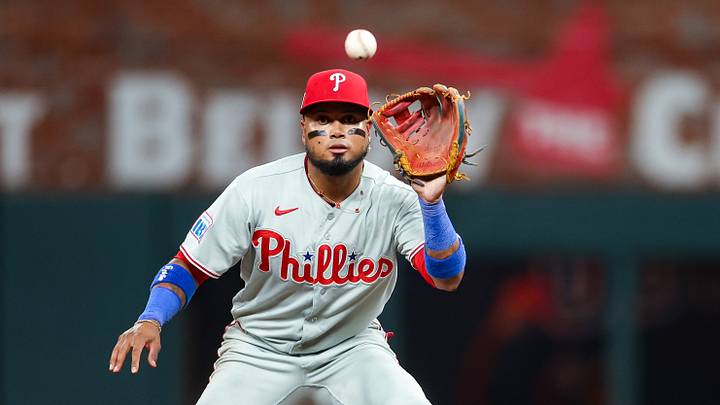Sep 11, 2026; Atlanta, Georgia, USA; Philadelphia Phillies second baseman Luis Arraez (4) catches the ball for a force out against the Atlanta Braves in the fourth inning at Truist Park. Mandatory Credit: Brett Davis-Imagn Images