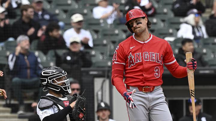 Apr 29, 2026; Chicago, Illinois, USA;  Los Angeles Angels left fielder Josh Lowe (3)  after striking out during the tenth inning against the Chicago White Sox at Rate Field. Mandatory Credit: Matt Marton-Imagn Images