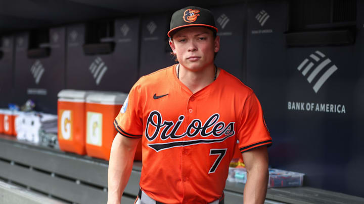 Sep 27, 2025; Bronx, New York, USA;  Baltimore Orioles second baseman Jackson Holliday (7) at Yankee Stadium. Mandatory Credit: Wendell Cruz-Imagn Images