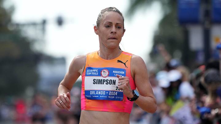 Feb 3, 2024; Orlando, FL, USA; Jenny Simpson runs in the women's race during the US Olympic Marathon Team Trials. Mandatory Credit: Kirby Lee-Imagn Images Feb 3, 2024; Orlando, FL, USA; Jenny Simpson runs in the women's race during the US Olympic Marathon Team Trials. Mandatory Credit: Kirby Lee-Imagn Images