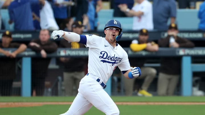 Oct 11, 2024; Los Angeles, California, USA; Los Angeles Dodgers third baseman Enrique Hernandez (8) runs after hitting a solo home run in the second inning against the San Diego Padres during game five of the NLDS for the 2024 MLB Playoffs at Dodger Stadium. Mandatory Credit: Kiyoshi Mio-Imagn Images