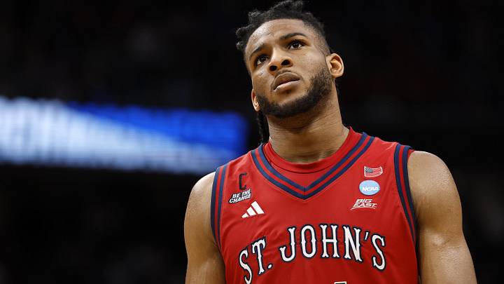 Mar 27, 2026; Washington, DC, USA; St. John's Red Storm forward Zuby Ejiofor (24) reacts after losing to Duke Blue Devils during a Sweet Sixteen game of the East Regional of the men's 2026 NCAA Tournament at Capital One Arena. Mandatory Credit: Geoff Burke-Imagn Images Mar 27, 2026; Washington, DC, USA; St. John's Red Storm forward Zuby Ejiofor (24) reacts after losing to Duke Blue Devils during a Sweet Sixteen game of the East Regional of the men's 2026 NCAA Tournament at Capital One Arena. Mandatory Credit: Geoff Burke-Imagn Images
