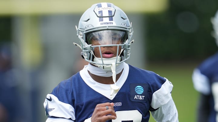 May 1, 2026; Frisco, TX, USA; Dallas Cowboys cornerback Caleb Downs (18) on the field during practice at the Ford Center at the Star Training Facility in Frisco, Texas.  Mandatory Credit: Chris Jones-Imagn Images