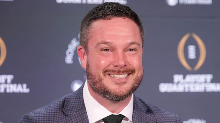 Dec 31, 2024; Los Angeles, California, USA; Oregon Ducks head coach Dan Lanning during the Rose Bowl head coaches press conference at Sheraton Grand LA. Mandatory Credit: Kirby Lee-Imagn Images