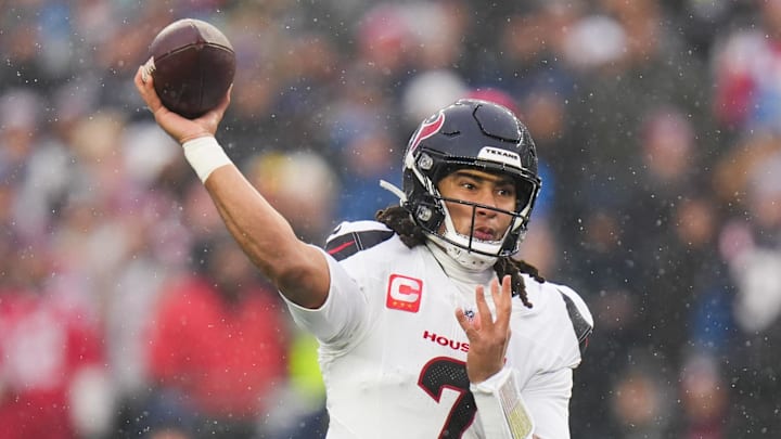 Jan 18, 2026; Foxborough, MA, USA; Houston Texans quarterback C.J. Stroud (7) throws in the first quarter against the New England Patriots in an AFC Divisional Round game at Gillette Stadium. Mandatory Credit: Brian Fluharty-Imagn Images Jan 18, 2026; Foxborough, MA, USA; Houston Texans quarterback C.J. Stroud (7) throws in the first quarter against the New England Patriots in an AFC Divisional Round game at Gillette Stadium. Mandatory Credit: Brian Fluharty-Imagn Images