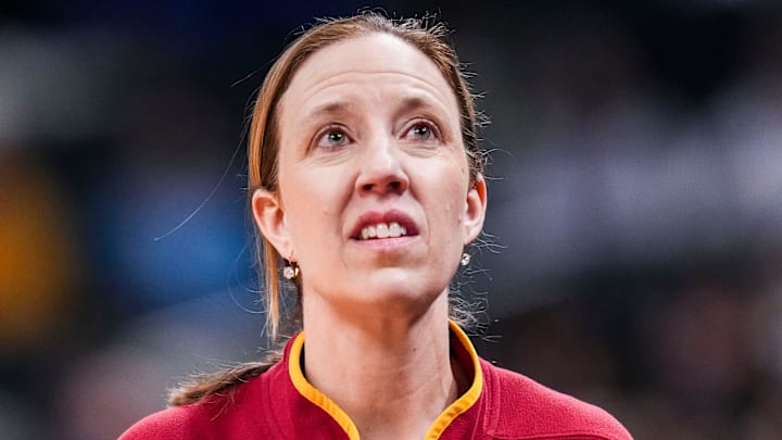 USC Trojans head coach Lindsay Gottlieb reacts to the action Saturday, March 8, 2025, in a semifinals game at the 2025 TIAA Big Ten Women's Basketball Tournament between the Iowa Hawkeyes and the Ohio State Buckeyes at Gainbridge Fieldhouse in Indianapolis. USC Trojans head coach Lindsay Gottlieb reacts to the action Saturday, March 8, 2025, in a semifinals game at the 2025 TIAA Big Ten Women's Basketball Tournament between the Iowa Hawkeyes and the Ohio State Buckeyes at Gainbridge Fieldhouse in Indianapolis.