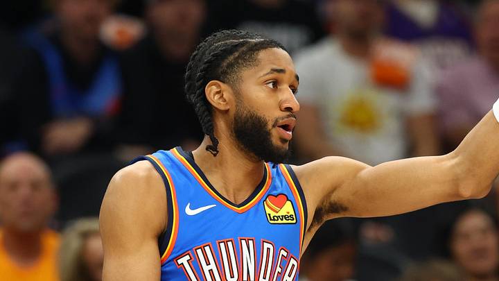 Apr 27, 2026; Phoenix, Arizona, USA; Oklahoma City Thunder guard Isaiah Joe (11) celebrates a shot against the Phoenix Suns in the first half during game four of the first round of the 2026 NBA Playoffs at Mortgage Matchup Center. Mandatory Credit: Mark J. Rebilas-Imagn Images