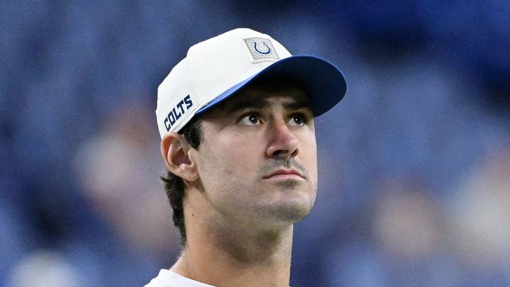 Indianapolis Colts quarterback Daniel Jones looks on during warm-ups