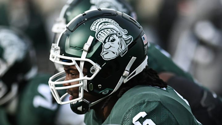 Michigan State's Maliq Carr and the Spartans sport the gruff Sparty helmet for the game against Indiana on Saturday, Nov. 19, 2022, at Spartan Stadium in East Lansing.