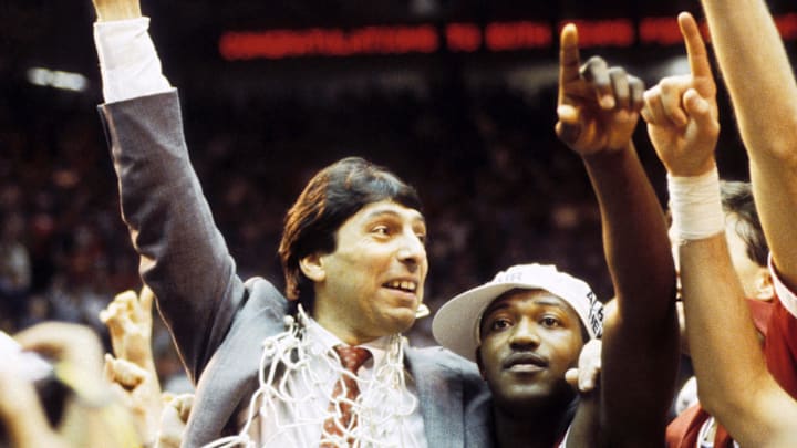 North Carolina State coach Jim Valvano celebrates his team's victory over No 1-ranked Houston in the 1983 Final Four in Albuquerque, N.M. NC State defeated Houston 54-52 for one of the biggest upsets in Final four history.