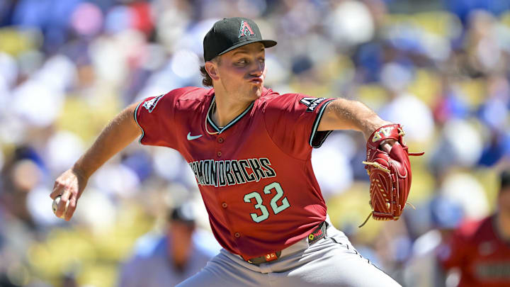 Aug 31, 2025; Los Angeles, California, USA; Arizona Diamondbacks starting pitcher Brandon Pfaadt (32) pitches during the first inning at Dodger Stadium. Mandatory Credit: Jayne Kamin-Oncea-Imagn Images Aug 31, 2025; Los Angeles, California, USA; Arizona Diamondbacks starting pitcher Brandon Pfaadt (32) pitches during the first inning at Dodger Stadium. Mandatory Credit: Jayne Kamin-Oncea-Imagn Images