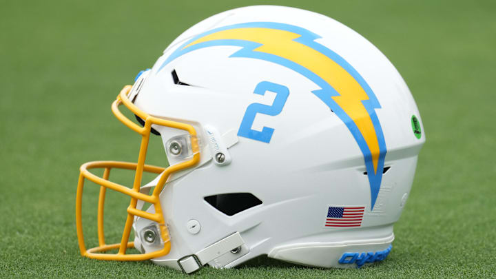 Jun 13, 2023; Costa Mesa, CA, USA; Los Angeles Chargers helmet of quarterback Easton Stick (2) during minicamp at the Hoag Performance Center. Mandatory Credit: Kirby Lee-Imagn Images