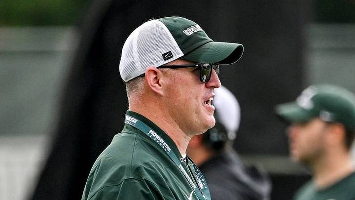 Michigan State’s head coach Pat Fitzgerald looks on during football practice on Thursday, Aug. 6, 2026, in East Lansing.