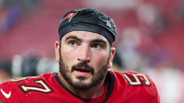 Tampa Bay Buccaneers linebacker John Bullock looks on