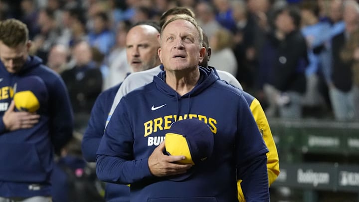 Oct 9, 2025; Chicago, Illinois, USA; Milwaukee Brewers manager Pat Murphy before game four of the NLDS round for the 2025 MLB playoffs at Wrigley Field. Mandatory Credit: David Banks-Imagn Images