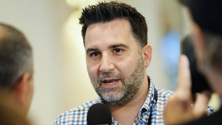 Nov 9, 2022; Las Vegas, NV, USA; Atlanta Braves general manager Alex Anthopoulos answers questions from the media during the MLB GM Meetings at The Conrad Las Vegas. Mandatory Credit: Lucas Peltier-Imagn Images