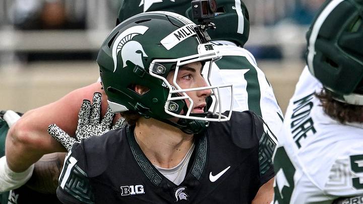 Michigan State's Alessio Milivojevic looks to throw during the football Spring Showcase on Saturday, April 18, 2026, at Spartan Stadium in East Lansing.