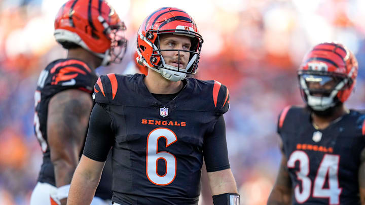 Cincinnati Bengals quarterback Jake Browning (6) reacts to a false start penalty in the second quarter of the NFL Week 5 game between the Cincinnati Bengals and the Detroit Lions at Paycor Stadium in downtown Cincinnati on Sunday, Oct. 5, 2025.