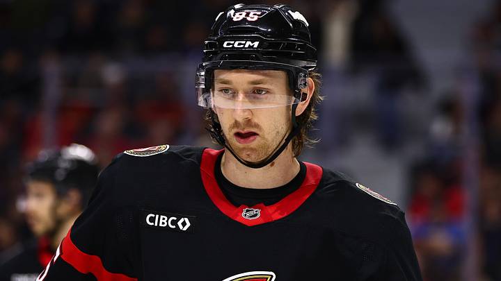 Apr 7, 2026; Ottawa, Ontario, CAN;  Ottawa Senators defenseman Jake Sanderson (85) is seen in a game against the Tampa Bay Lightning during the second period at Canadian Tire Centre. Mandatory Credit: Keito Newman-Imagn Images