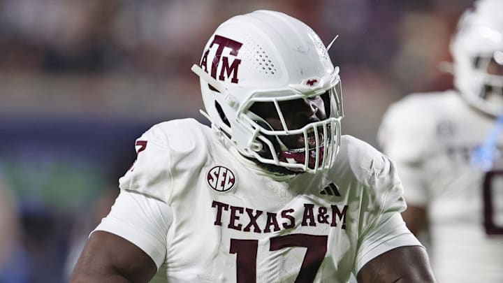 Nov 23, 2024; Auburn, Alabama, USA;  Texas A&M Aggies defensive lineman Albert Regis (17) reacts after making a tackle against the Auburn Tigers in the third quarter at Jordan-Hare Stadium. Mandatory Credit: John Reed-Imagn Images