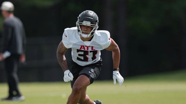 Atlanta Falcons safety Xavier Watts participates in drills May 9, 2025, during the team's rookie minicamp in Flowery Branch.