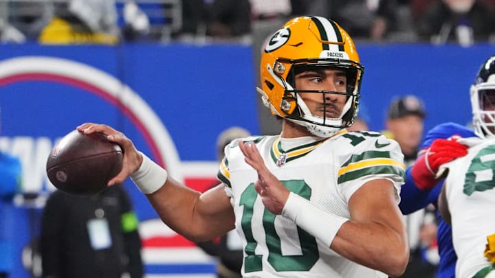 Green Bay Packers quarterback Jordan Love (10) throws a pass against the New York Giants in 2023.