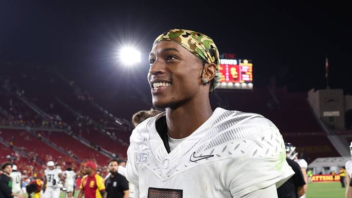 Sep 26, 2026; Los Angeles, California, USA;  Oregon Ducks wide receiver Evan Stewart (7) walks on the field after a game against the USC Trojans at United Airlines Field at Los Angeles Memorial Coliseum.  