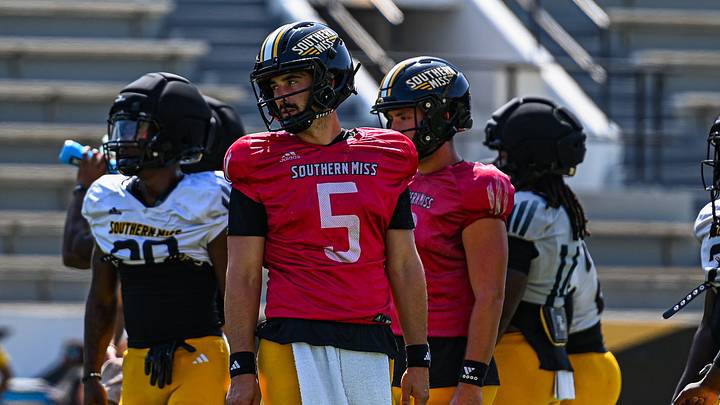 Ethan Hampton (5) at Southern Miss Fall Camp at The Rock. 