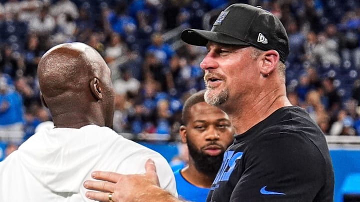 Detroit Lions head coach Dan Campbell hugs Houston Texans head coach DeMeco Ryans after 26-7 loss in the preseason 