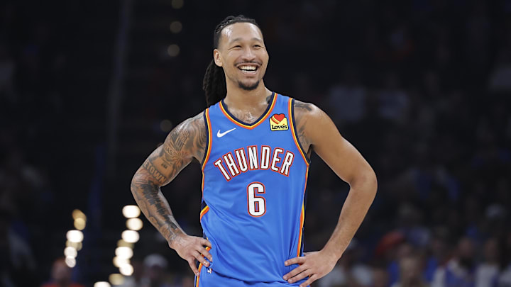 Nov 2, 2025; Oklahoma City, Oklahoma, USA; Oklahoma City Thunder forward Jaylin Williams (6) smiles during New Orleans Pelicans free-throws during the second quarter at Paycom Center. Mandatory Credit: Alonzo Adams-Imagn Images