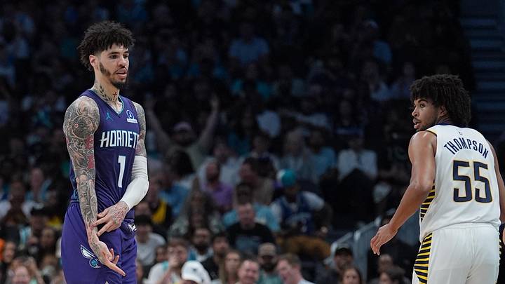 Charlotte Hornets guard LaMelo Ball (1) after scoring a three-point basket 