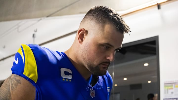 Jan 13, 2025; Glendale, AZ, USA; Los Angeles Rams offensive tackle Rob Havenstein (79) against the Minnesota Vikings during an NFC wild card game at State Farm Stadium. Mandatory Credit: Mark J. Rebilas-Imagn Images