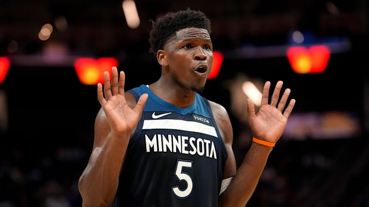 Mar 13, 2026; San Francisco, California, USA; Minnesota Timberwolves guard Anthony Edwards (5) reacts after the Timberwolves were called for a foul against the Golden State Warriors in the fourth quarter at the Chase Center. Mandatory Credit: Cary Edmondson-Imagn Images