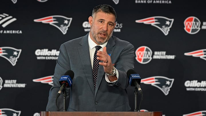 Jan 13, 2025; Foxborough, MA, USA; Mike Vrabel addresses media at a press conference to announce his hiring as the new head coach of the New England Patriots at Gillette Stadium. Mandatory Credit: Eric Canha-Imagn Images