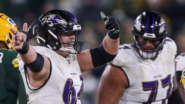 Baltimore Ravens center Tyler Linderbaum (64) reacts after a defensive penalty against the Green Bay Packers gives the Ravens a first down on Saturday, December 27, 2025, at Lambeau Field in Green Bay, Wis. The Ravens won the game, 41-24.
Tork Mason/USA TODAY NETWORK-Wisconsin