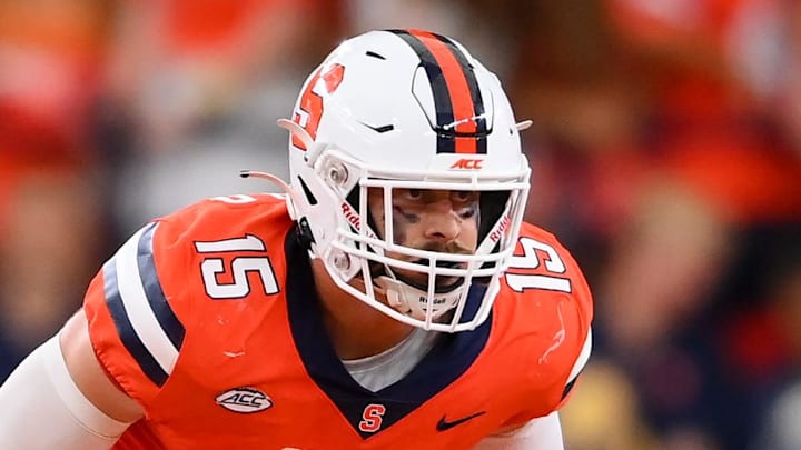 Sep 9, 2023; Syracuse, New York, USA; Syracuse Orange linebacker Derek McDonald (15) against the Western Michigan Broncos during the first half at the JMA Wireless Dome. Mandatory Credit: Rich Barnes-Imagn Images