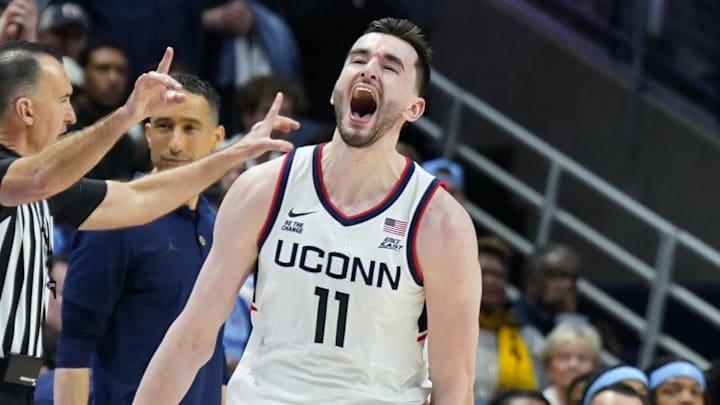 Mar 5, 2025; Storrs, Connecticut, USA; UConn Huskies forward Alex Karaban (11) reacts after defeating the Marquette Golden Eagles at Harry A. Gampel Pavilion. Mandatory Credit: David Butler II-Imagn Images Mar 5, 2025; Storrs, Connecticut, USA; UConn Huskies forward Alex Karaban (11) reacts after defeating the Marquette Golden Eagles at Harry A. Gampel Pavilion. Mandatory Credit: David Butler II-Imagn Images