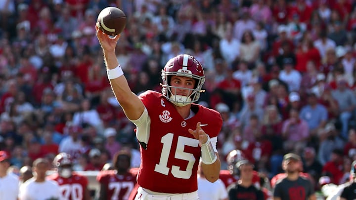 Nov 22, 2025; Tuscaloosa, Alabama, USA; Alabama Crimson Tide quarterback Ty Simpson (15) passes the ball during the first half against the Eastern Illinois Panthers at Saban Field at Bryant-Denny Stadium. Mandatory Credit: David Leong-Imagn Images