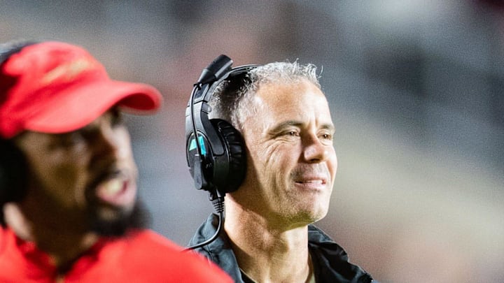 Florida State Seminoles head coach Mike Norvell smiles after his players score a touchdown. The Florida State Seminoles defeated the Miami Hurricanes 27-20 on Saturday, Nov. 11, 2023. Florida State Seminoles head coach Mike Norvell smiles after his players score a touchdown. The Florida State Seminoles defeated the Miami Hurricanes 27-20 on Saturday, Nov. 11, 2023.