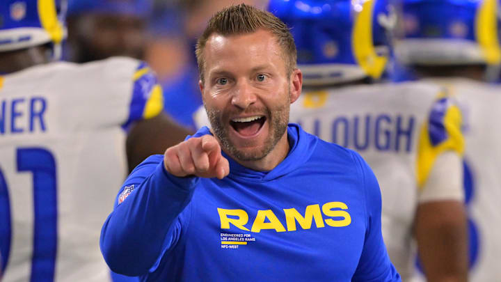 Nov 23, 2025; Inglewood, California, USA; Los Angeles Rams head coach Sean McVay congratulates cornerback Cobie Durant (14) after an interception for a touchdown in the first half against the Tampa Bay Buccaneers at SoFi Stadium. Mandatory Credit: Jayne Kamin-Oncea-Imagn Images