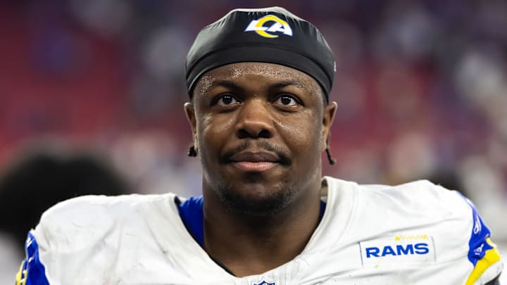 Dec 7, 2025; Glendale, Arizona, USA; Los Angeles Rams  offensive lineman Warren McClendon Jr. (71) against the Arizona Cardinals at State Farm Stadium. Mandatory Credit: Mark J. Rebilas-Imagn Images