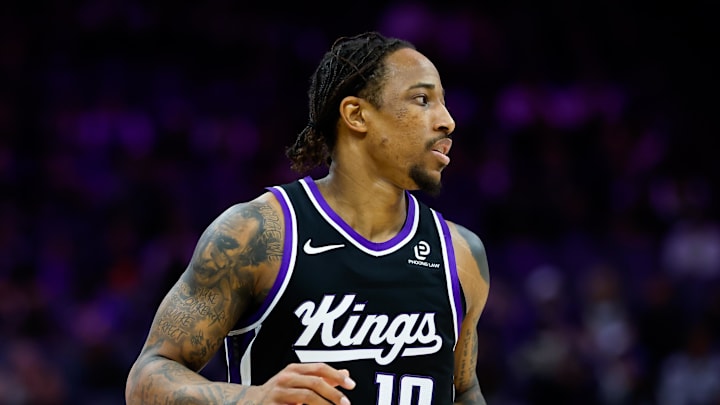 Jan 14, 2026; Sacramento, California, USA; Sacramento Kings guard DeMar DeRozan (10) looks on during the third quarter against the New York Knicks at Golden 1 Center.