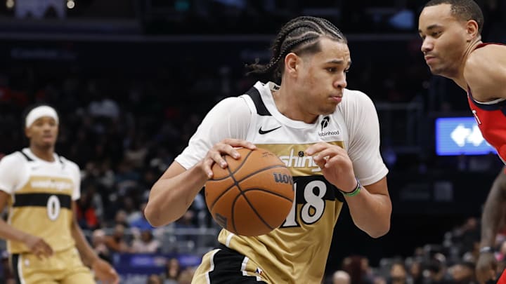 Jan 9, 2026; Washington, District of Columbia, USA; Washington Wizards forward Kyshawn George (18) drives to the basket as New Orleans Pelicans guard Bryce McGowens (11) defends in the second half at Capital One Arena. Mandatory Credit: Geoff Burke-Imagn Images Jan 9, 2026; Washington, District of Columbia, USA; Washington Wizards forward Kyshawn George (18) drives to the basket as New Orleans Pelicans guard Bryce McGowens (11) defends in the second half at Capital One Arena. Mandatory Credit: Geoff Burke-Imagn Images