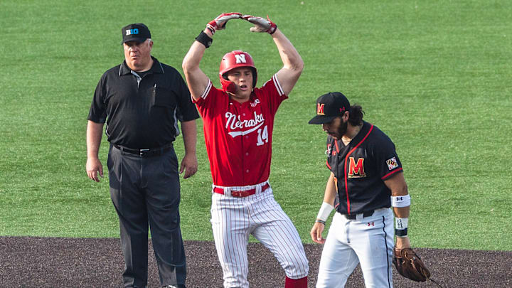 Nebraska designated hitter Case Sanderson celebrates a double at Maryland on April 26, 2025.