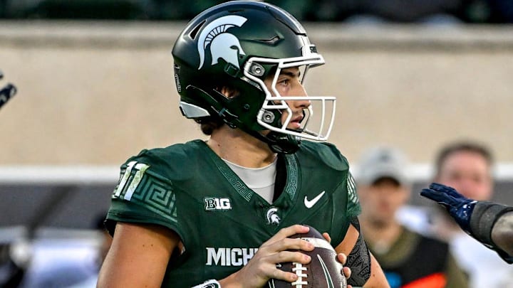 Michigan State's Alessio Milivojevic looks to throw against Penn State during the second quarter on Saturday, Nov. 15, 2025, at Spartan Stadium in East Lansing.