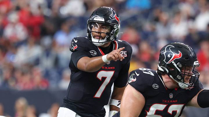 Aug 20, 2026; Houston, Texas, USA;  Houston Texans quarterback C.J. Stroud (7) calls a play during the game against the Las Vegas Raiders at Reliant Stadium. Mandatory Credit: Troy Taormina-Imagn Images