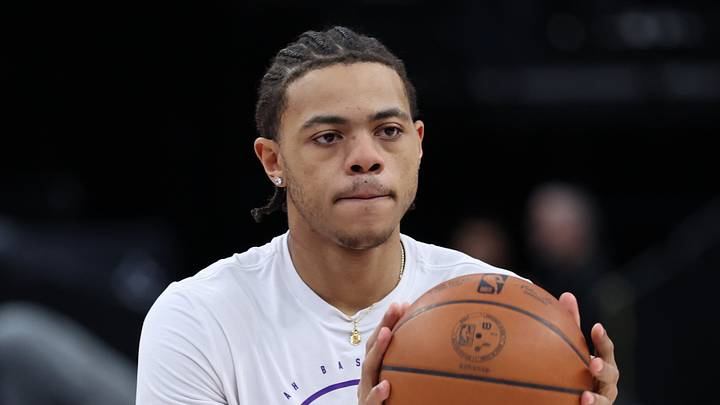Feb 12, 2026; Salt Lake City, Utah, USA; Utah Jazz guard Keyonte George (3) warms up before a game against the Portland Trail Blazers at Delta Center. Mandatory Credit: Rob Gray-Imagn Images